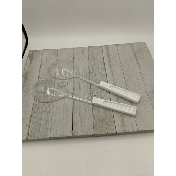 Clear 2 Piece Salad Serving Fork Spoon Tongs White Flatware 11 1/4" - Picture 4 of 6